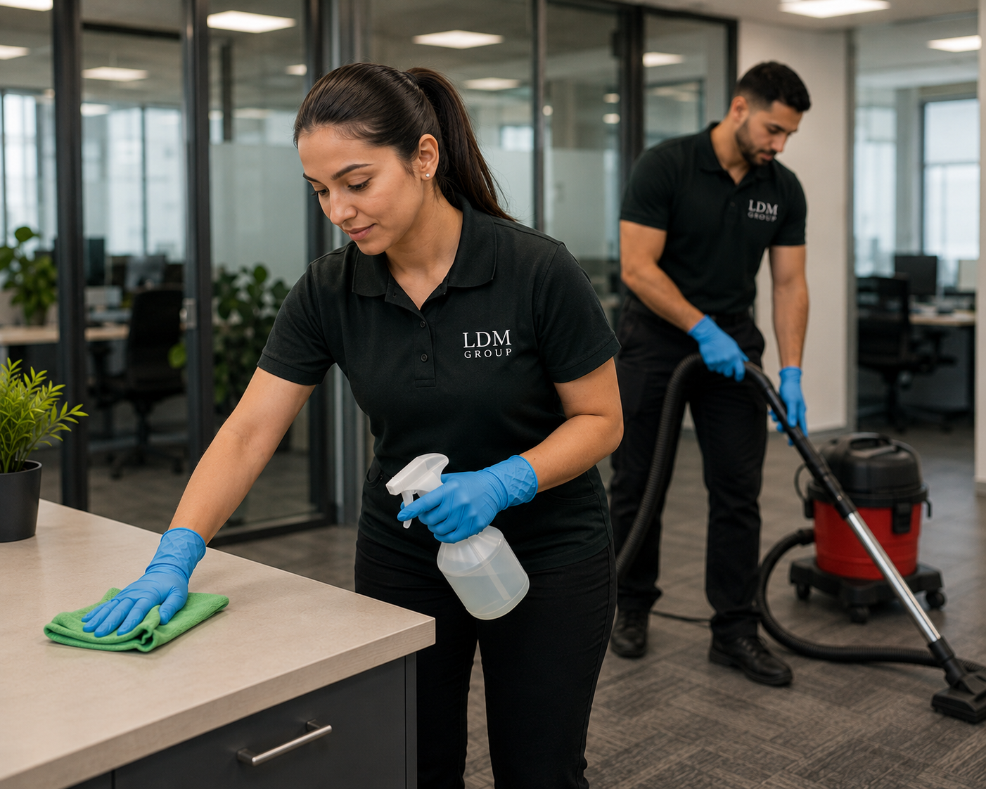 LDM Group cleaning team in branded uniforms with professional cleaning supplies
